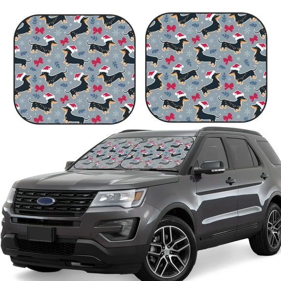 Rateoe Christmas Hat Dachshund Pattern 2 Piece Car Windshield Sun Shade Foldable | Front Windshield Shade for Sun, Heat and UV Rays | Sunshade for Car Front Window-Small
