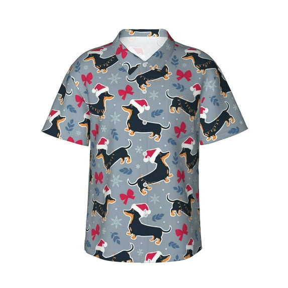 Rateoe Christmas Hat Dachshund Pattern Men’s Hawaiian Shirt – Short Sleeve Button-Down Tropical Beach Shirt, Lightweight & Breathable Casual Aloha Shirt with Pocket,Medium