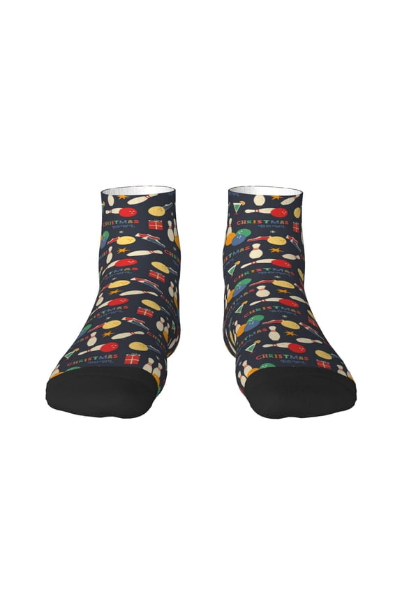 Christmas Holiday Bowling Pattern Quarter Crew Socks,Toe Seamed Ankle Socks,Cotton Cushioned Breathable Athletic Crew Sports Socks
