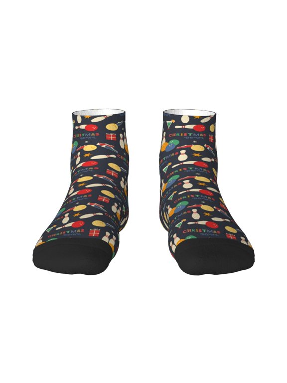 Christmas Holiday Bowling Pattern Quarter Crew Socks,Toe Seamed Ankle Socks,Cotton Cushioned Breathable Athletic Crew Sports Socks