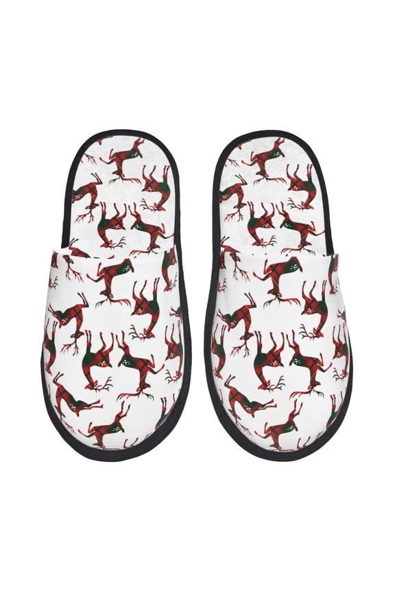 Christmas Plaid Moose Pattern Fuzzy Slippers Fuzzy Soft House Slippers Plush Furry Warm Cozy Open Toe Fluffy Home Shoes-Medium