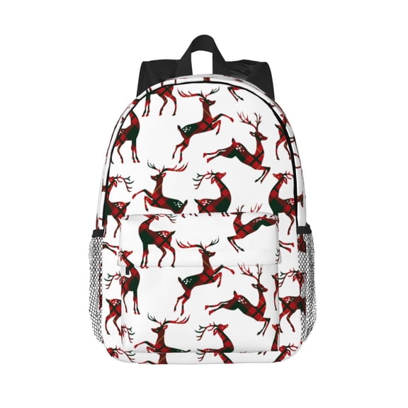 Rateoe Christmas Plaid Moose Pattern Student Backpack Water-resistant Backpack 15-inch Laptop Backpack Lightweight Adjustable School Backpack