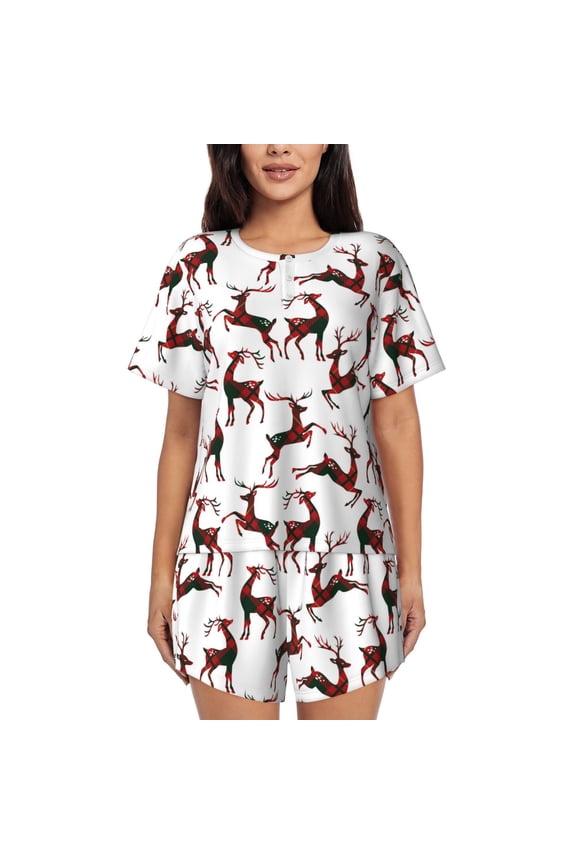 Christmas Plaid Moose Pattern Women's Short-Sleeved Pajama Set - 2 Piece Soft and Lightweight Sleepwear Set-XX-Large