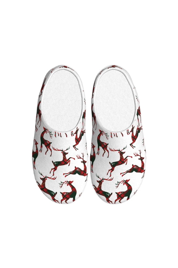 Christmas Plaid Moose Print Women's Men's Cotton Knit Slippers Lightweight Memory Foam Indoor House Shoes with Anti-Skid Sole-37/38
