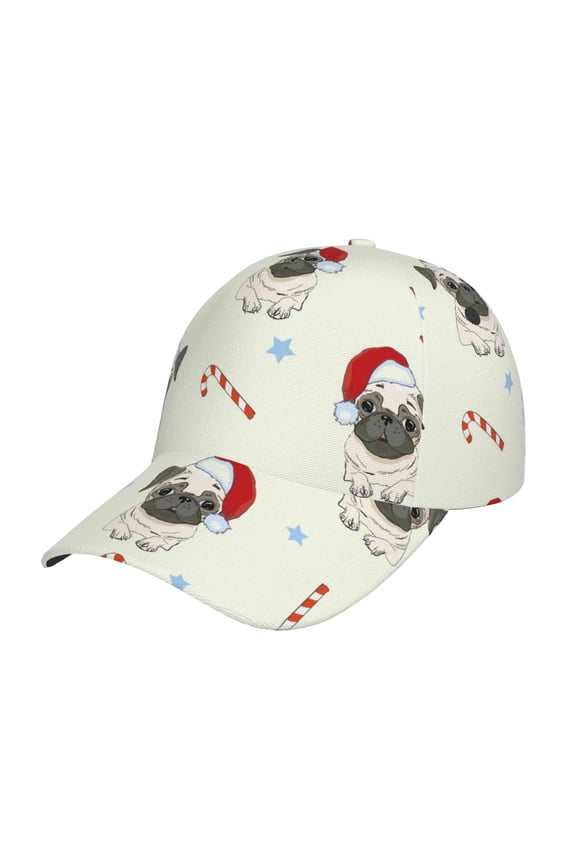 Christmas Pug Dog Pattern Baseball Cap Outdoor Cap Mountain Dad Hat - Unstructured Soft Cotton Cap-Adjustable UV Protection Cap