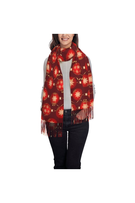 Christmas Red Balls Women's Traditional Scarf Wrap Tassel Shawl Fringes Neck Head Shawl Retro Scarf