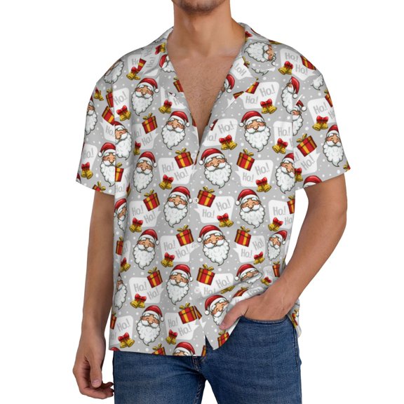 Rateoe Christmas Santa Claus Pattern Men's Short Sleeve Classic Shirt, Casual Short-Sleeved Shirt, Lightweight Summer Shirt, Cuban Collar Shirt,Button-Front Shirt-Large