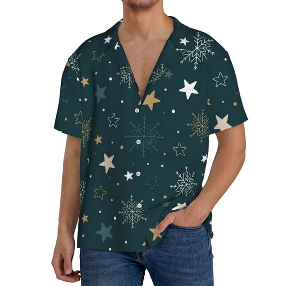 Rateoe Christmas Snowflake Pattern Men's Short Sleeve Classic Shirt, Casual Short-Sleeved Shirt, Lightweight Summer Shirt, Cuban Collar Shirt,Button-Front Shirt-XX-Large