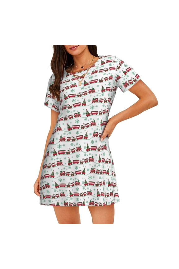 Christmas Train Print Women’s Nightdress – Cozy Cotton Short-sleeved Sleep Shirt, Loose-Fit Sleepwear, Perfect for Relaxing and Sleeping