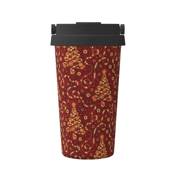 Rateoe Christmas Tree On A Red Background Pattern Travel Coffee Mug Tumbler with Flip Lid | Reusable Insulated Stainless Steel Cold Brew Iced Coffee Cup Thermos