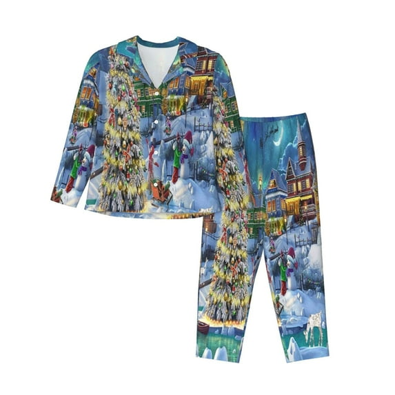 Rateoe Christmas Tree Pattern Womens Pajamas Set Long Sleeve Sleepwear Button Down Nightwear Soft Cotton Pj Lounge Sets