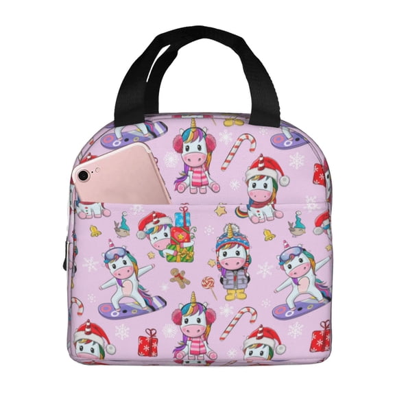 Rateoe Christmas Unicorns Pattern Insulated Lunch Bag with Thick Aluminum Foil Lunch Tote Bag with Front Pocket for Men and Women, Ideal for Work, School, Picnics, and Travel