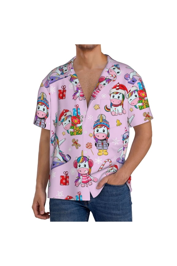Christmas Unicorns Pattern Men's Short Sleeve Classic Shirt, Casual Short-Sleeved Shirt, Lightweight Summer Shirt, Cuban Collar Shirt,Button-Front Shirt-