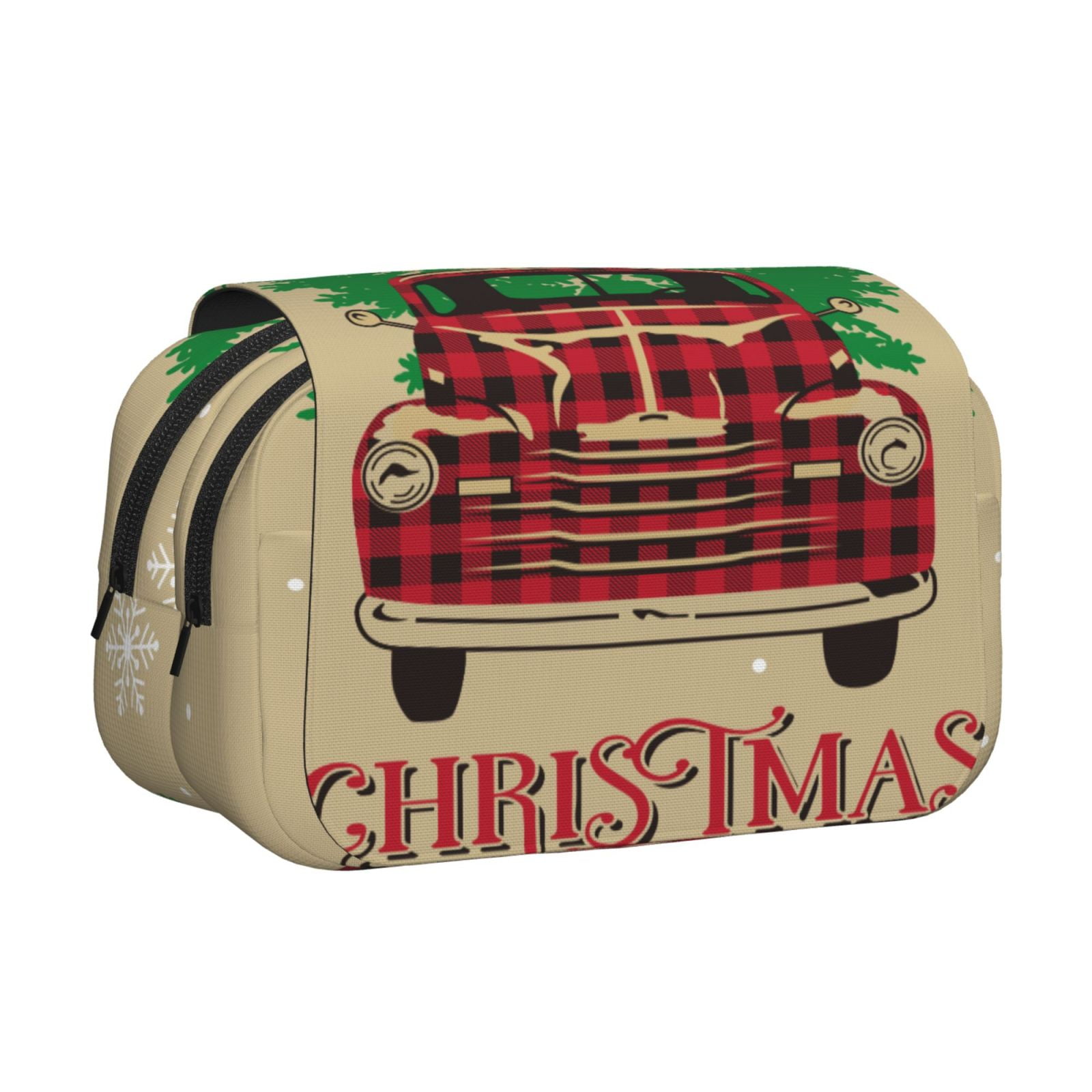 Rateoe Christmas Vintage Red Truck Pattern Double Clamshell Pen Case, Storage Organizer with Two Zipper Compartments– Holds Up to 50 Pencils & Pens