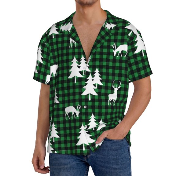 Rateoe Christmas tree green plaid Pattern Men's Short Sleeve Classic Shirt, Casual Short-Sleeved Shirt, Lightweight Summer Shirt, Cuban Collar Shirt,Button-Front Shirt-3X-Large