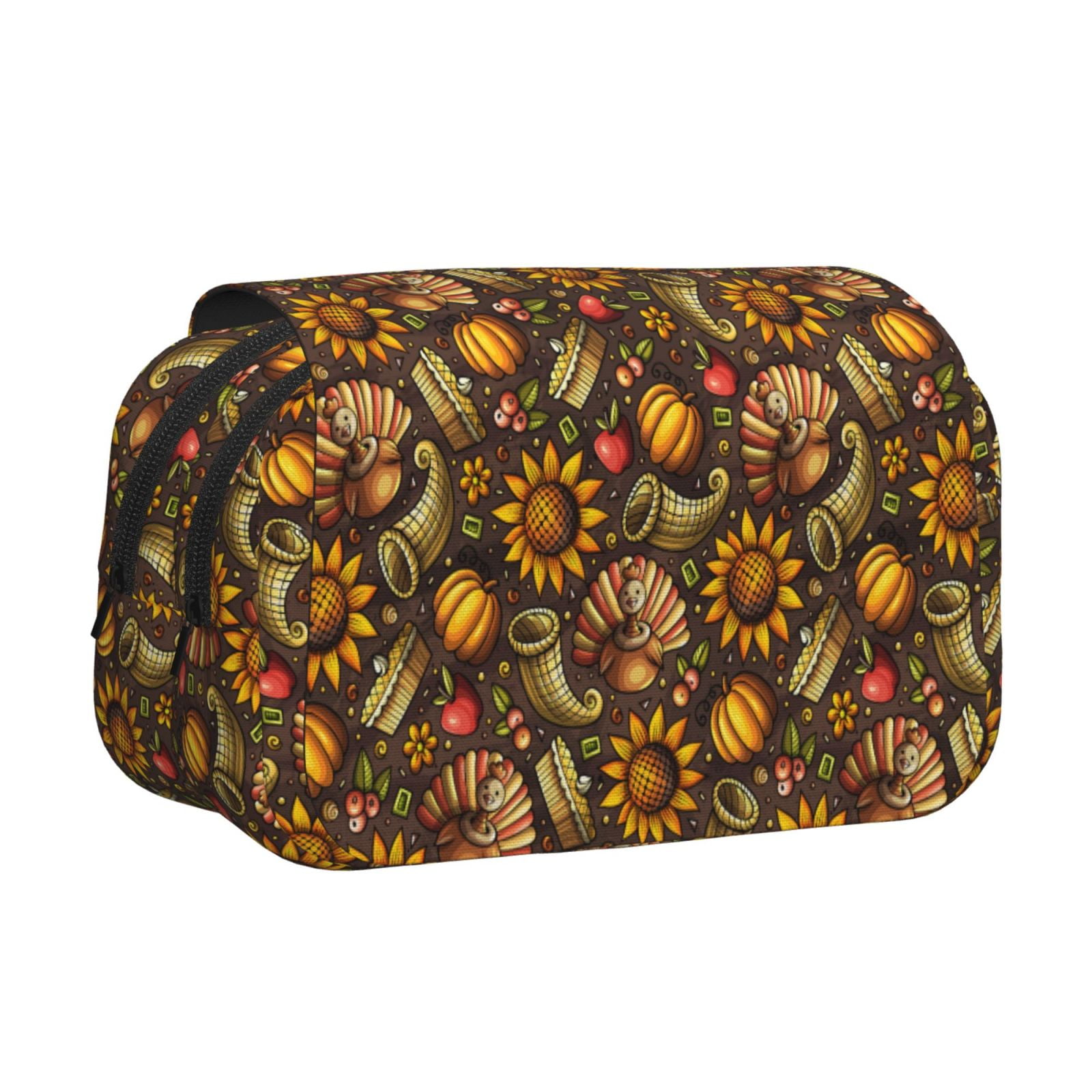 Rateoe Chrysanthemum turkey Pattern Double Clamshell Pen Case, Storage Organizer with Two Zipper Compartments– Holds Up to 50 Pencils & Pens