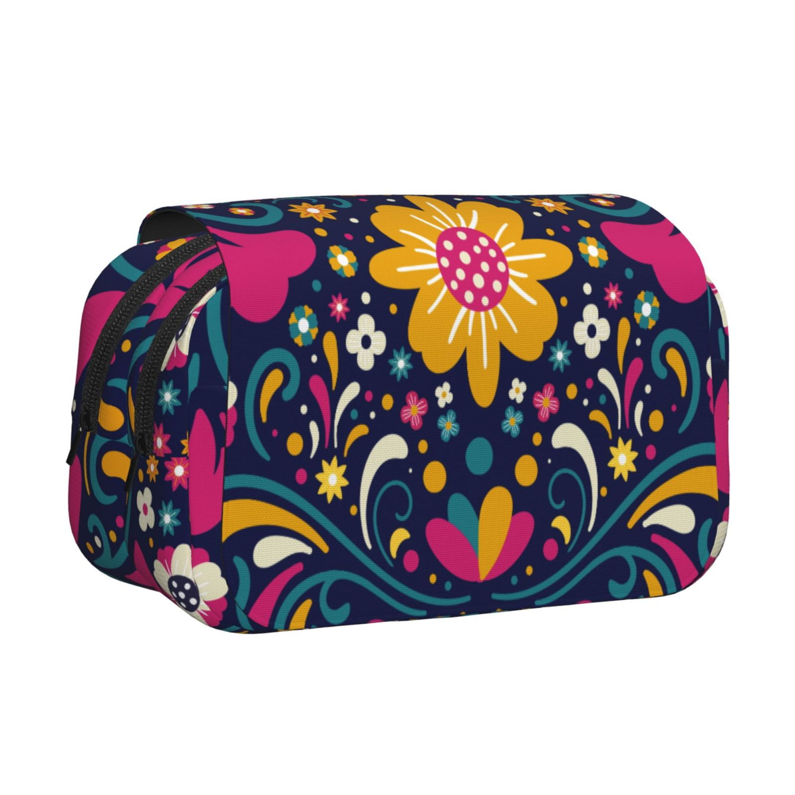 Rateoe Cinco De Mayo Floral Pattern Double Clamshell Pen Case, Storage Organizer with Two Zipper Compartments– Holds Up to 50 Pencils & Pens