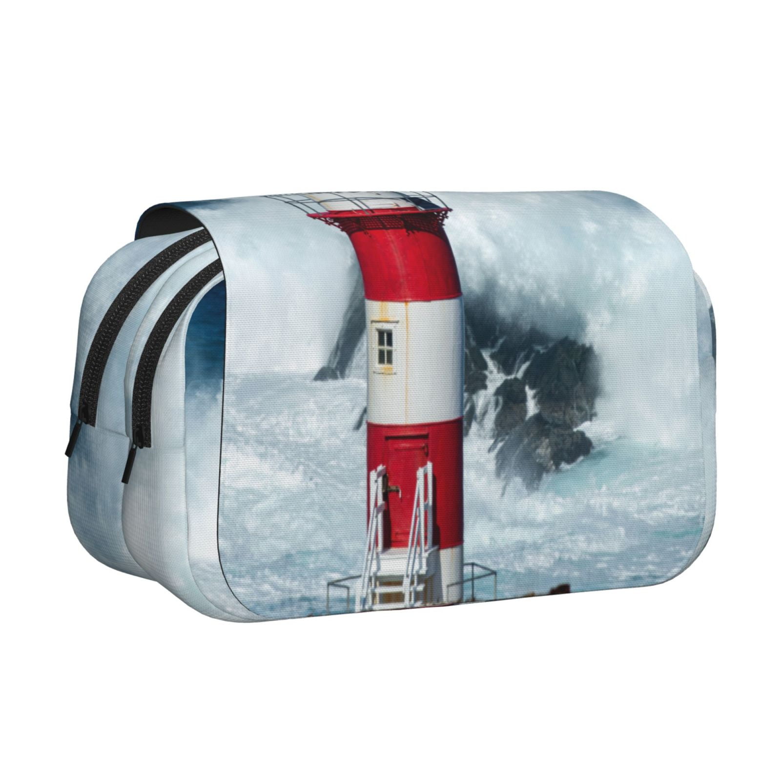 Rateoe Circular Lighthouse Pattern Double Clamshell Pen Case, Storage Organizer with Two Zipper Compartments– Holds Up to 50 Pencils & Pens