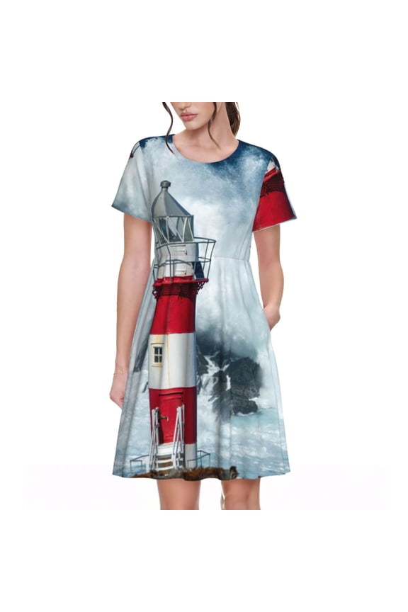 Circular Lighthouse Pattern Women’s Short Sleeve Dress – Casual Elegant Summer A-Line Dress for Everyday Wear