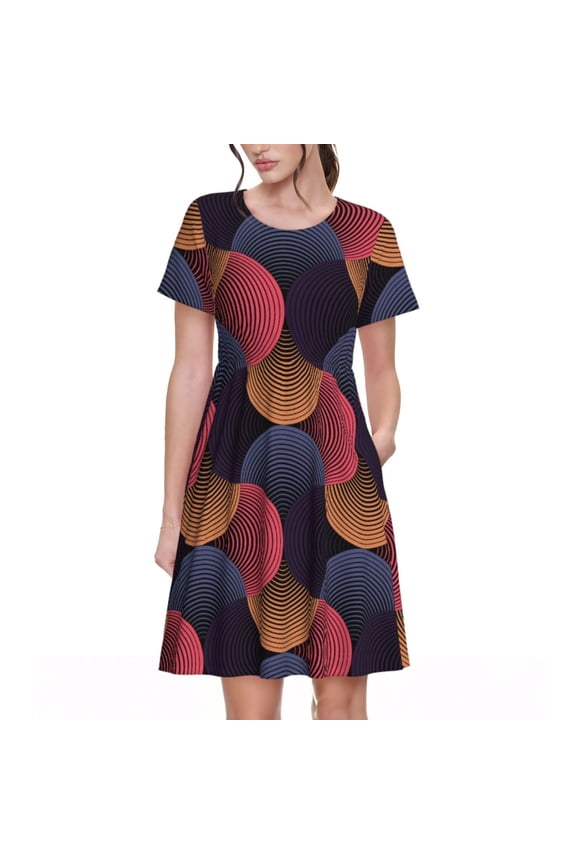 Circular Stripes Pattern Women’s Short Sleeve Dress – Casual Elegant Summer A-Line Dress for Everyday Wear