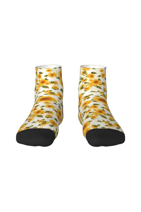 Classical Cute Sunflower Pattern Quarter Crew Socks,Toe Seamed Ankle Socks,Cotton Cushioned Breathable Athletic Crew Sports Socks