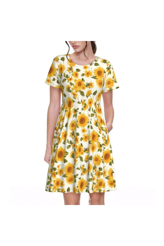 Classical Cute Sunflower Pattern Women’s Short Sleeve Dress – Casual Elegant Summer A-Line Dress for Everyday Wear