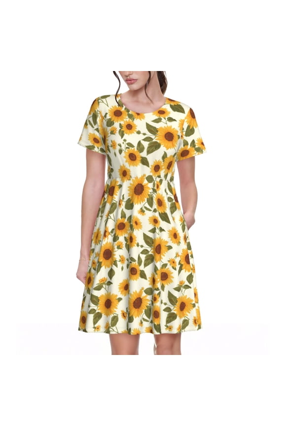 Classical Cute Sunflower Pattern Women’s Short Sleeve Dress – Casual Elegant Summer A-Line Dress for Everyday Wear