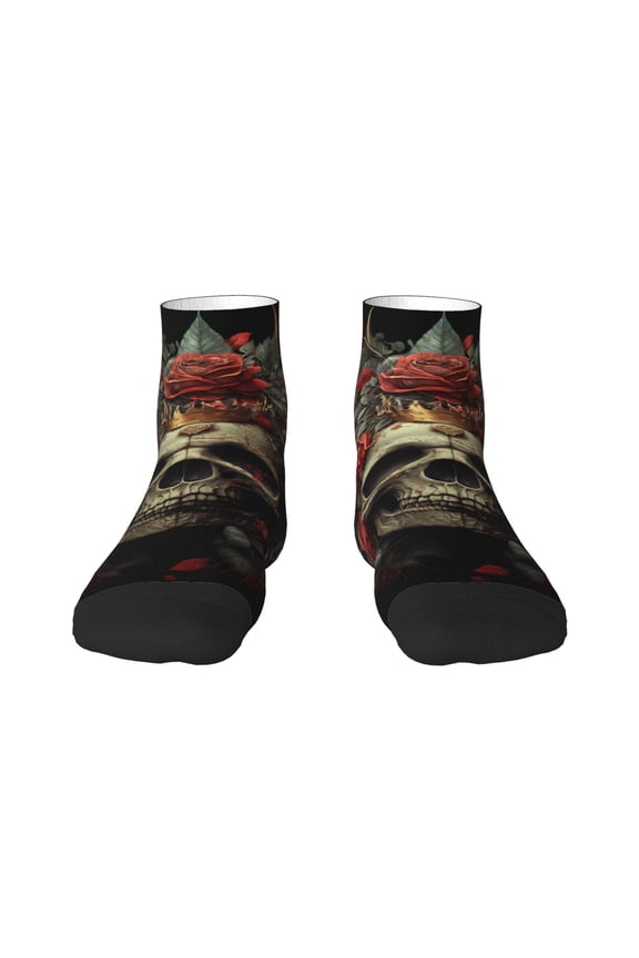 Classical Rose Crown Skull Pattern Quarter Crew Socks,Toe Seamed Ankle Socks,Cotton Cushioned Breathable Athletic Crew Sports Socks