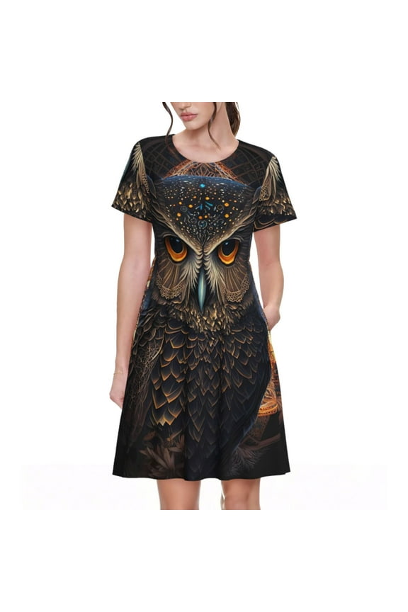 Classical Style Brown Owl Pattern Women’s Short Sleeve Dress – Casual Elegant Summer A-Line Dress for Everyday Wear