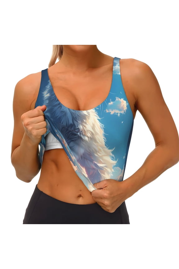 Clear Sky Blue Cat Print Womens' Sports Bras Scoop Neck Sports Vest- Padded U Back Seamless High Impact Support