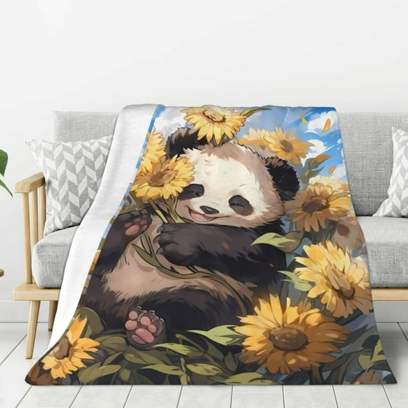 Rateoe Clear Sky Cute Sunflower Panda Pattern Flannel Throw Blanket, Ultra-soft Blanket for Bed, Couch, Car, Hypoallergenic Anti-pilling blanket-40"x30"(Vertical)