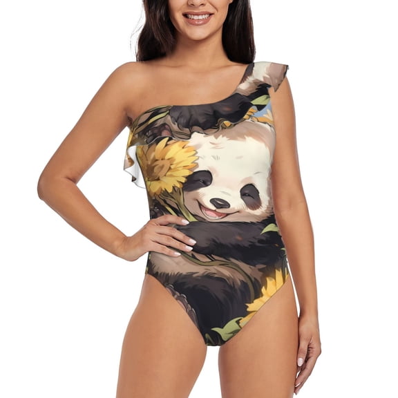 Rateoe Clear Sky Cute Sunflower Panda Pattern Women One Piece Swimsuits Tummy Control One Shoulder Bathing Suits Ruffle Swimwear-Medium