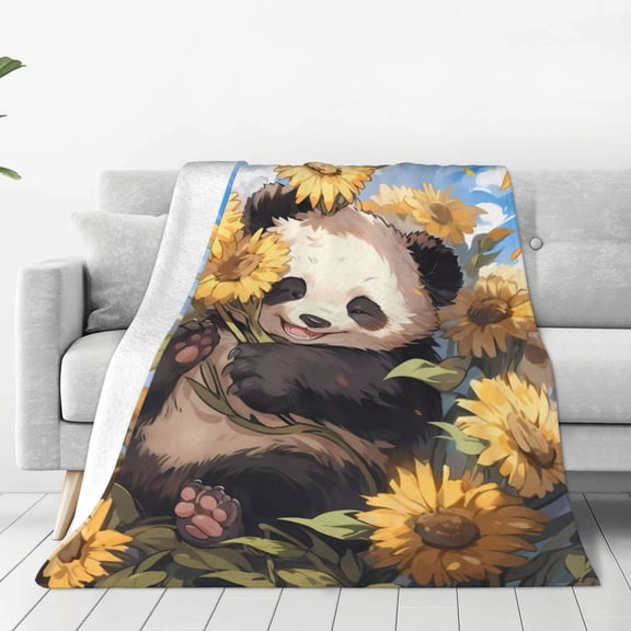Rateoe Clear Sky Cute Sunflower Panda Print Fuzzy Fleece Throw Blanket Extra Large,Super Soft,Fluffy and Warm Blankets for Couch,Bed,All Season Use (60"x50")
