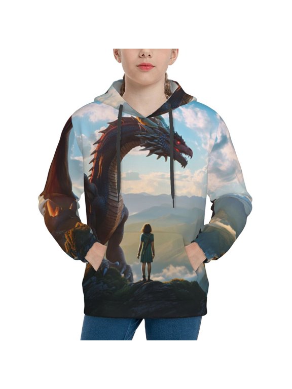 Clear Sky Mountain Red Dragon Pattern Boys Hoodie, Youth Pullover Hooded Sweatshirt, Kangaroo Pocket Hoodie for Kids-Medium