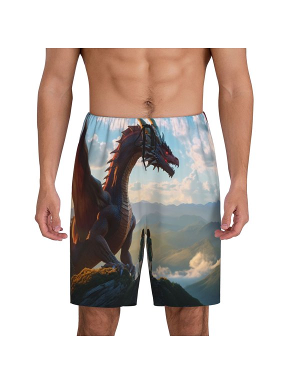 Clear Sky Mountain Red Dragon Print Men's Lounge Shorts – Soft & Breathable Pajama Bottoms with Pockets, Elastic Waistband, Lightweight Sleepwear for Nightwear & Loungewear-