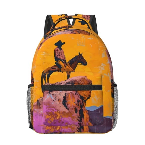 Rateoe Cliff Western Cowboy Pattern Durable Student Backpack Laptop Bag- Ergonomic Design, Waterproof Twill Fabric - Ideal for School, Travel, and Outdoor Activities
