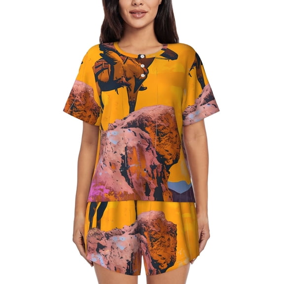 Rateoe Cliff Western Cowboy Pattern Women's Short-Sleeved Pajama Set - 2 Piece Soft and Lightweight Sleepwear Set-Small