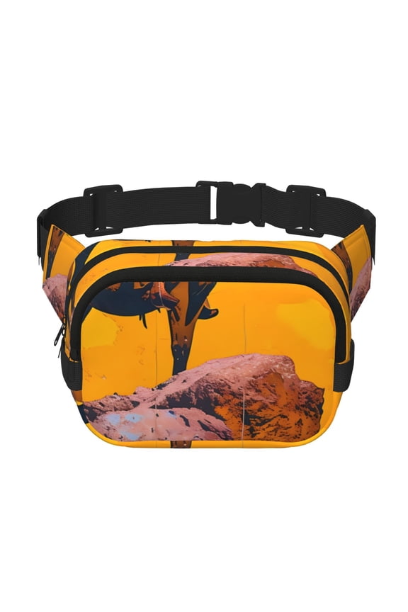 Cliff Western Cowboy Print Fanny Pack Belt Bag for Women and Men, Square Double-Layer Waterproof Waist Pack with Adjustable Strap for Hiking, Jogging, Cycling