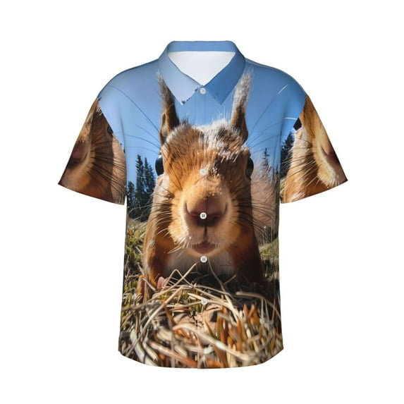 Rateoe Close-Up Curious Squirrel Pattern Men’s Hawaiian Shirt – Short Sleeve Button-Down Tropical Beach Shirt, Lightweight & Breathable Casual Aloha Shirt with Pocket,