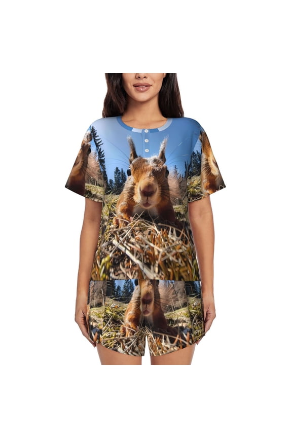 Close-Up Curious Squirrel Pattern Women's Short-Sleeved Pajama Set - 2 Piece Soft and Lightweight Sleepwear Set-Medium