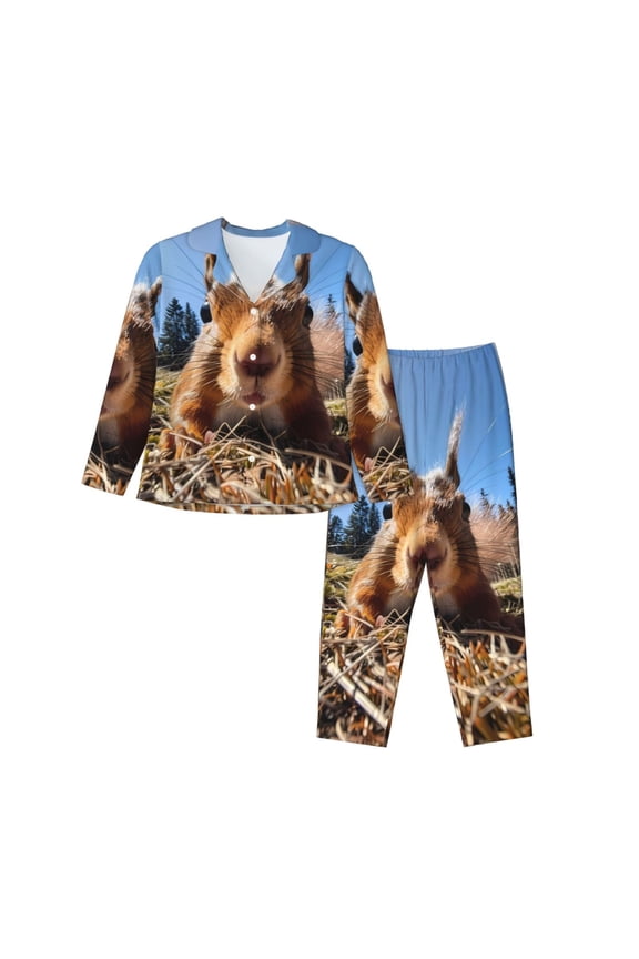 Close-Up Curious Squirrel Pattern Womens Pajamas Set Long Sleeve Sleepwear Button Down Nightwear Soft Cotton Pj Lounge Sets-Medium