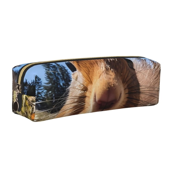 Rateoe Close-Up Curious Squirrel Print Leather Pencil Case with Smooth Zipper, Compact Storage for Writing Tools & Art Supplies, 8.26" x 1.96" x 2.16"