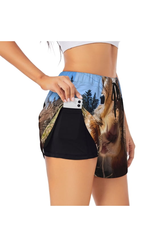 Close-Up Curious Squirrel Printed 2 in 1 Women's Workout Shorts for Athletic Gym Running Shorts with Phone Pockets-Medium