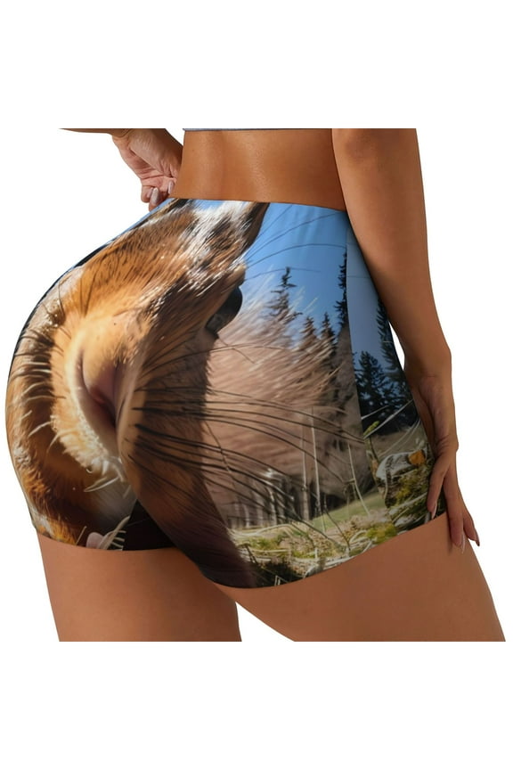 Close-Up Curious Squirrel Printed Power Workout Shorts for Women Tummy Control Squat Proof Ribbed Thick Seamless Scrunch Active Short-Medium