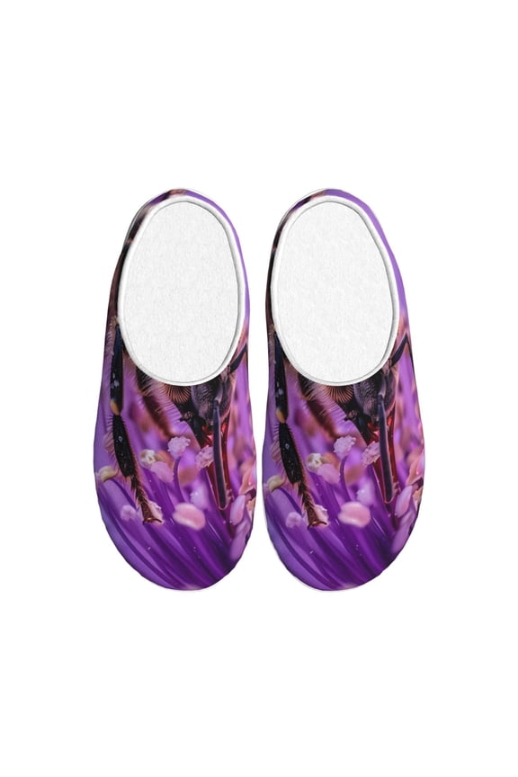Closeup Honeybee on Flower Print Women's Men's Cotton Knit Slippers Lightweight Memory Foam Indoor House Shoes with Anti-Skid Sole-42/43