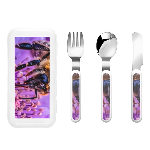 Rateoe Closeup Honeybee on Flower for Stainless Steel Kids Silverware Set - Child and Toddler Safe Flatware - Children's Knife, Fork And Spoon Set