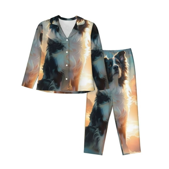 Rateoe Cloud Border Collie Pattern Womens Pajamas Set Long Sleeve Sleepwear Button Down Nightwear Soft Cotton Pj Lounge Sets