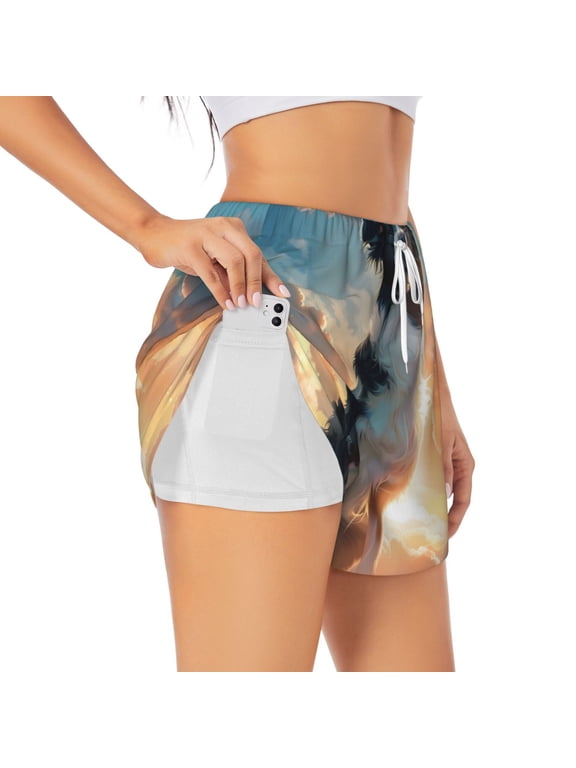 Cloud Border Collie Printed 2 in 1 Women's Workout Shorts for Athletic Gym Running Shorts with Phone Pockets-Small