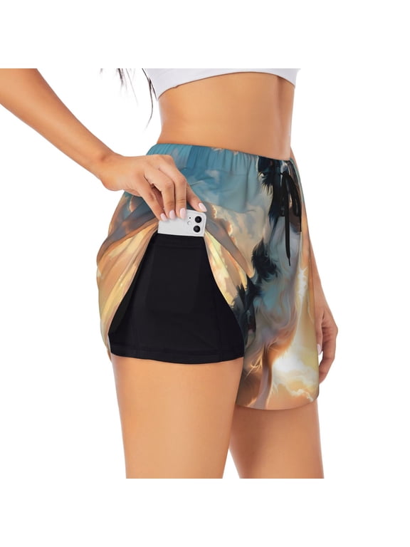 Cloud Border Collie Printed 2 in 1 Women's Workout Shorts for Athletic Gym Running Shorts with Phone Pockets-