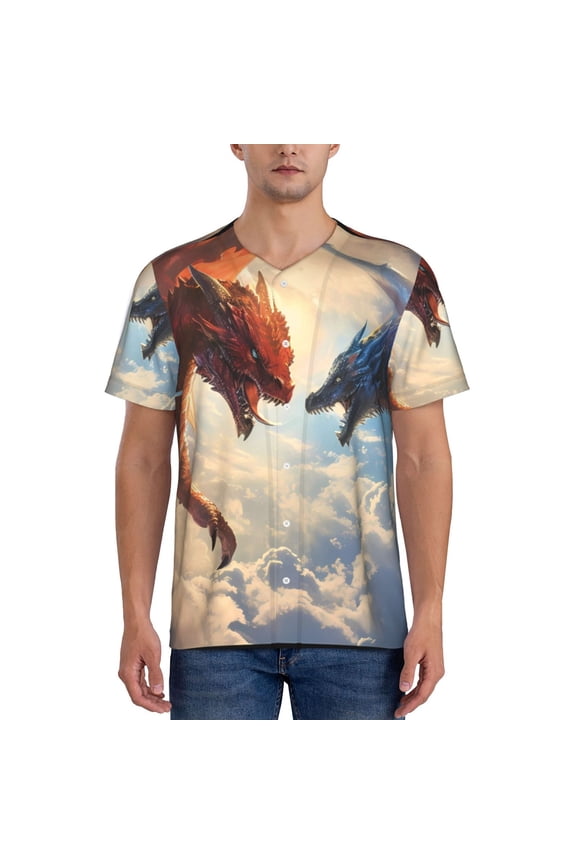 Cloud Red And Blue Dragon Pattern Men’s Baseball Short Sleeve Polo Shirt, Midweight Men's Shirt Golf Shirt Polo Shirts Quick Dry Short-Medium